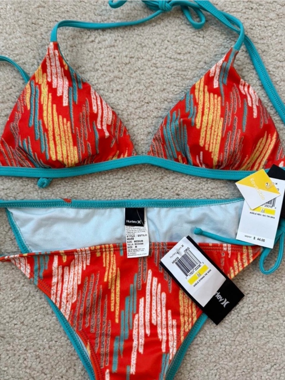 Hurley Reversible Orange and Turquoise Multi-Colored Triangle Bikini Set NWT